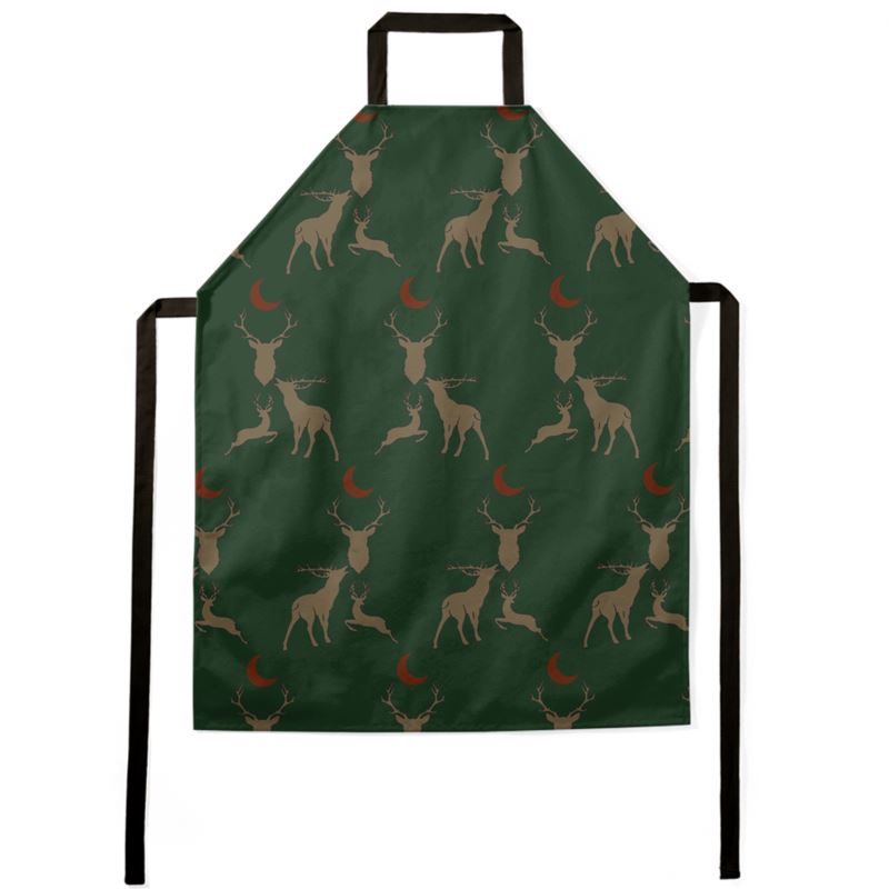 Apron in stag night design. Dark green apron with Stags gathered around a crescent moon with black ties