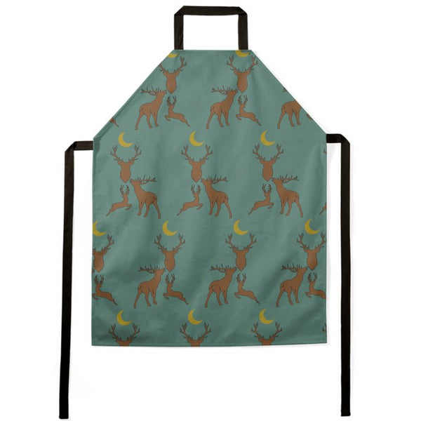 Apron in stag night design. green apron with Stags gathered around a crescent moon with black ties