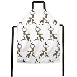 Apron in stag night design. White apron with Stags gathered around a crescent moon with black ties