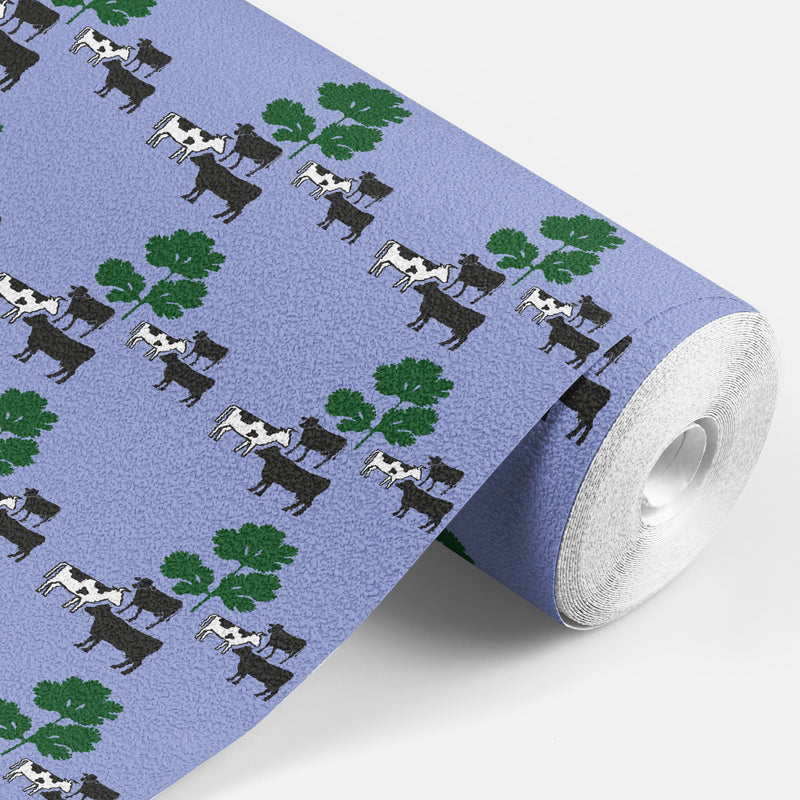 Roll of Lavender wallpaper with cows and parsley on it 