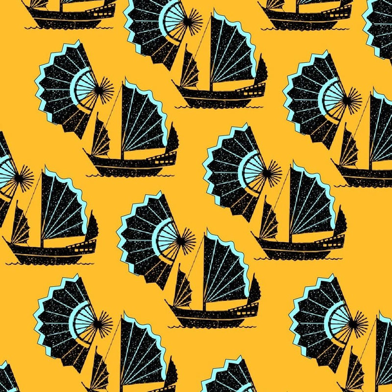 Fan of Junk Wallpaper Inspired by the junk boats of china that weren’t designed to be glamorous but functional and sturdy, juxtaposed with a fan which was functional, delicate and highly decorative and desirable. Polar opposite objects yet with a similar aesthetic. chinoiserie