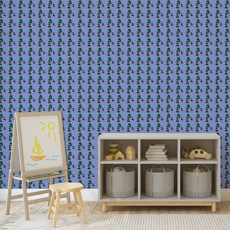 Lavender wallpaper with cows and parsley on it on a wall in a toddler room with a storage cabinet and whiteboard