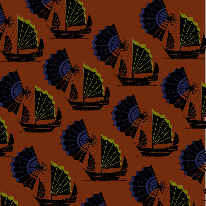 Fan of Junk Wallpaper Inspired by the junk boats of china that weren’t designed to be glamorous but functional and sturdy, juxtaposed with a fan which was functional, delicate and highly decorative and desirable. Polar opposite objects yet with a similar aesthetic. chinoiserie