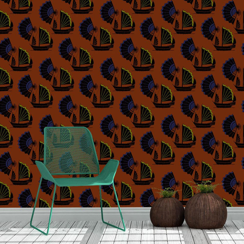 Fan of Junk Wallpaper Inspired by the junk boats of china that weren’t designed to be glamorous but functional and sturdy, juxtaposed with a fan which was functional, delicate and highly decorative and desirable. Polar opposite objects yet with a similar aesthetic. chinoiserie