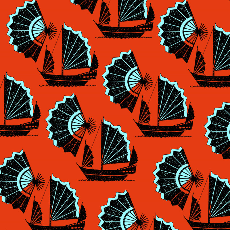Fan of Junk Wallpaper Inspired by the junk boats of china that weren’t designed to be glamorous but functional and sturdy, juxtaposed with a fan which was functional, delicate and highly decorative and desirable. Polar opposite objects yet with a similar aesthetic. chinoiserie