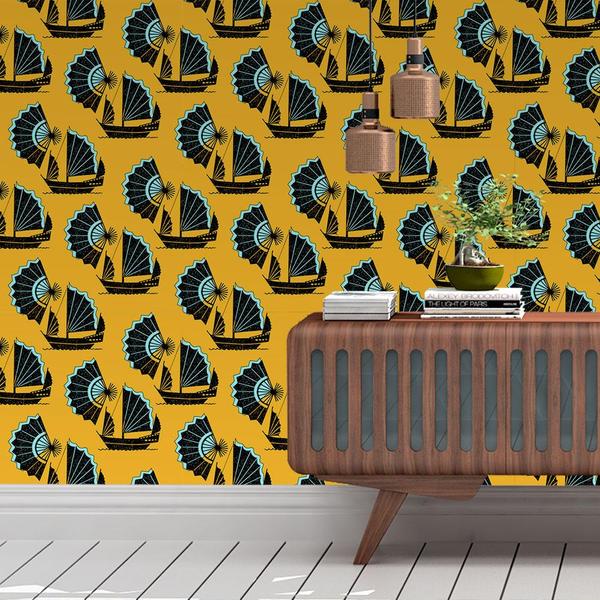 Fan of Junk Wallpaper Inspired by the junk boats of china that weren’t designed to be glamorous but functional and sturdy, juxtaposed with a fan which was functional, delicate and highly decorative and desirable. Polar opposite objects yet with a similar aesthetic. chinoiserie