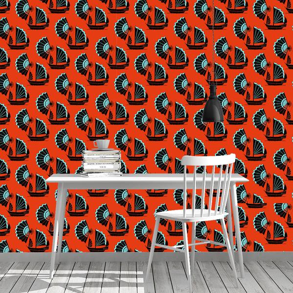 Fan of Junk Wallpaper Inspired by the junk boats of china that weren’t designed to be glamorous but functional and sturdy, juxtaposed with a fan which was functional, delicate and highly decorative and desirable. Polar opposite objects yet with a similar aesthetic. chinoiserie