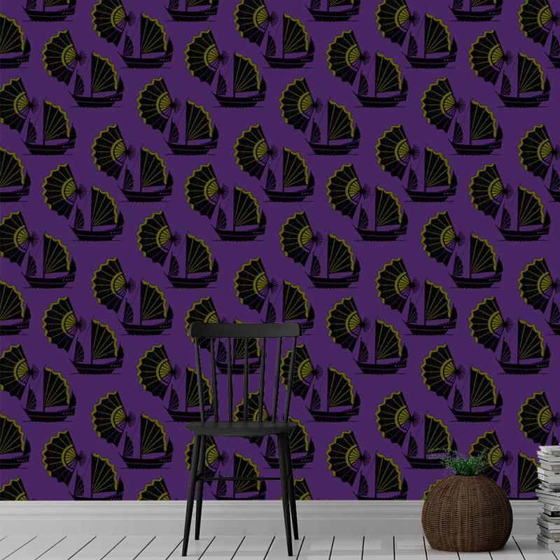 Fan of Junk Wallpaper Inspired by the junk boats of china that weren’t designed to be glamorous but functional and sturdy, juxtaposed with a fan which was functional, delicate and highly decorative and desirable. Polar opposite objects yet with a similar aesthetic. chinoiserie