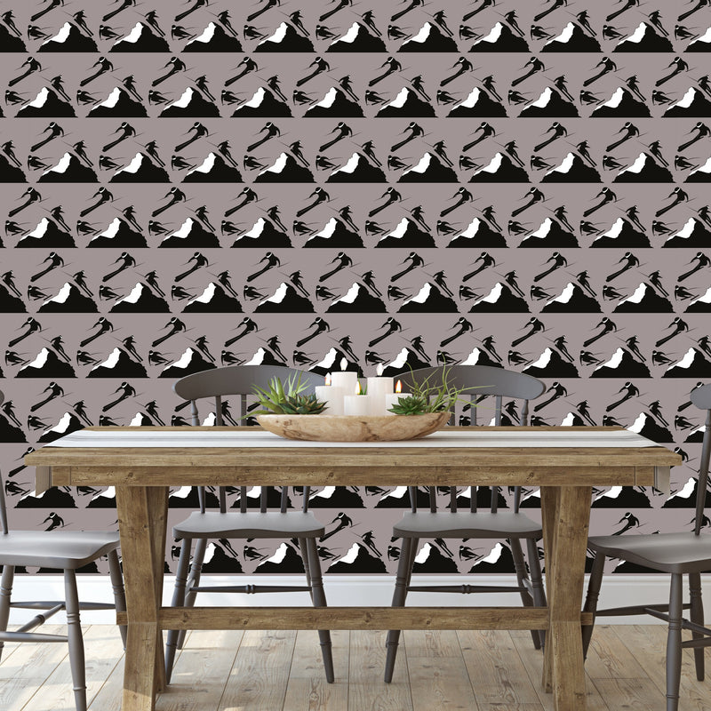 Dining room with black and white skiers on mocha wallpaper on wallpaper