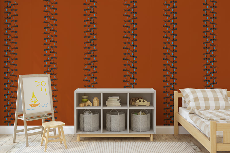 Wings and wellies wallpaper with dragonflies and welly boots by fleur ward. Darter colourway shown in a kids bedroom 